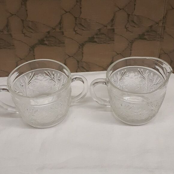 4 -pc Vintage MCM Anchor Hocking depression glass cream/sugar/cups - Picture 2 of 10